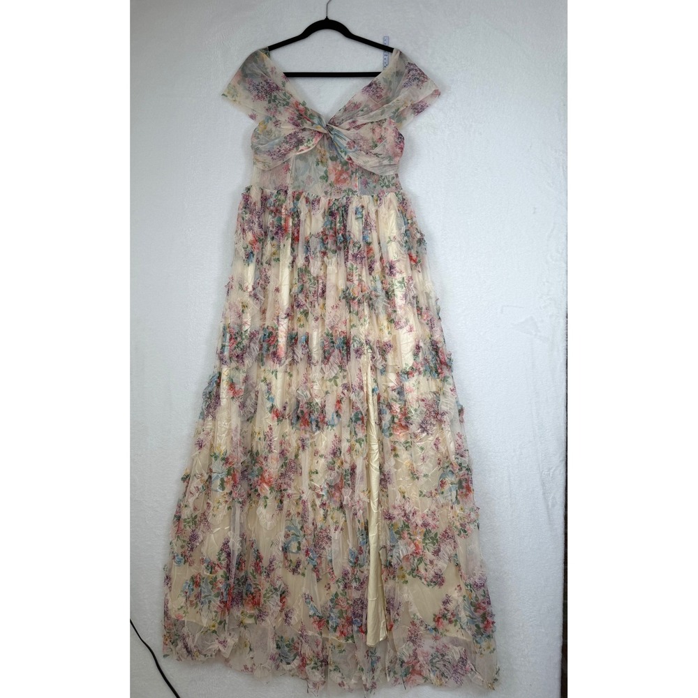 Faeriesty Floral Tulle Maxi Dress Women XL Excellent Lace Up Ruffle Gown
